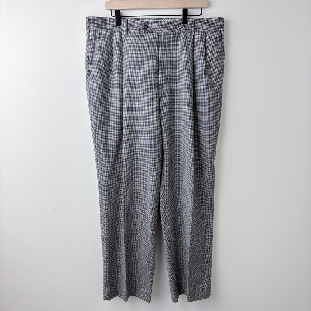 BERLE Pleated Wool Pants Mens 36R Black & White Houndstooth Check Classic Slacks
